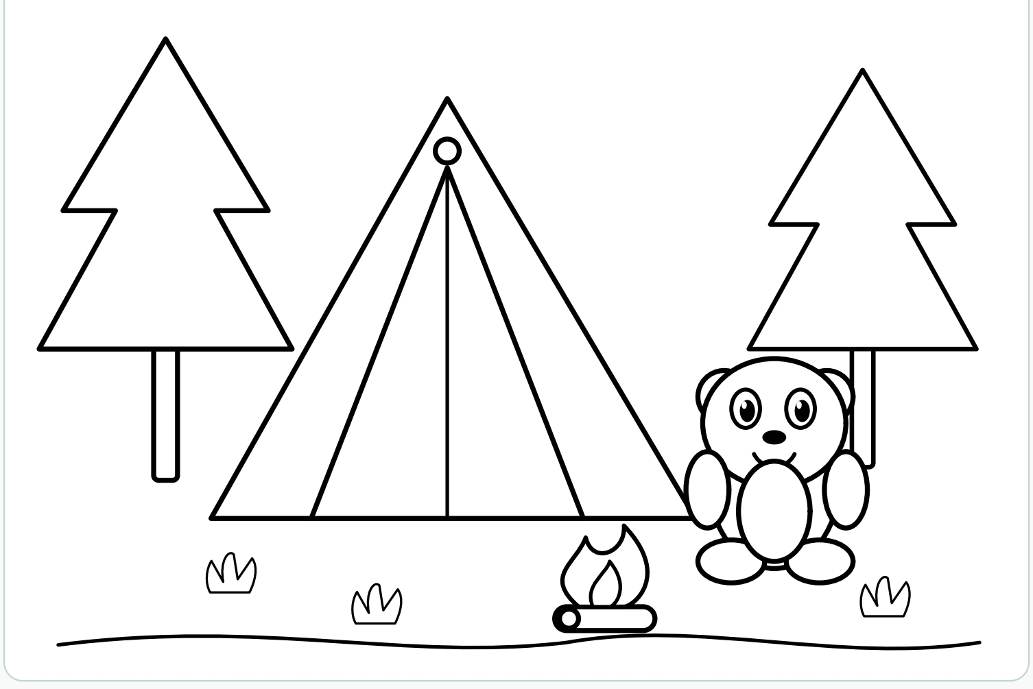 The tent, two trees, bear, ground and drawn campfire fill the lower illustration.