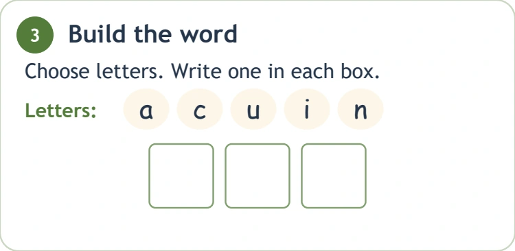 Choose c-a-n from a five-letter supply Bank a c u i n above three answer boxes
