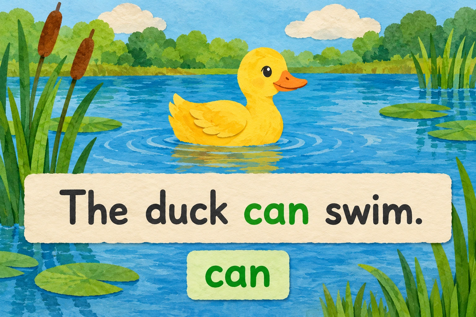 A completed duck statement provides an ability example Paper duck on pond beside can card and The duck can swim strip