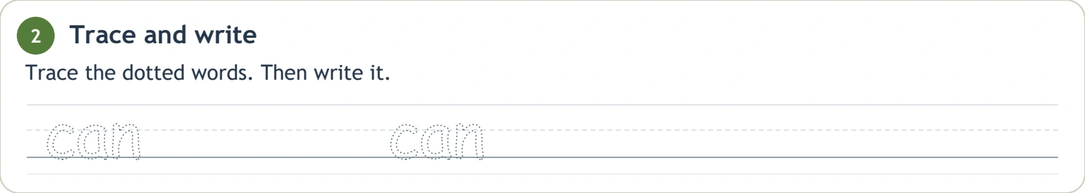 A guided attempt follows the spoken ability word Two dotted can models aligned with the original writing guides