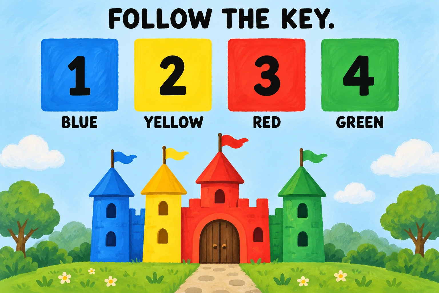 Castle Color Codes additional play illustration Four numbered colour swatches demonstrate the castle key exactly.