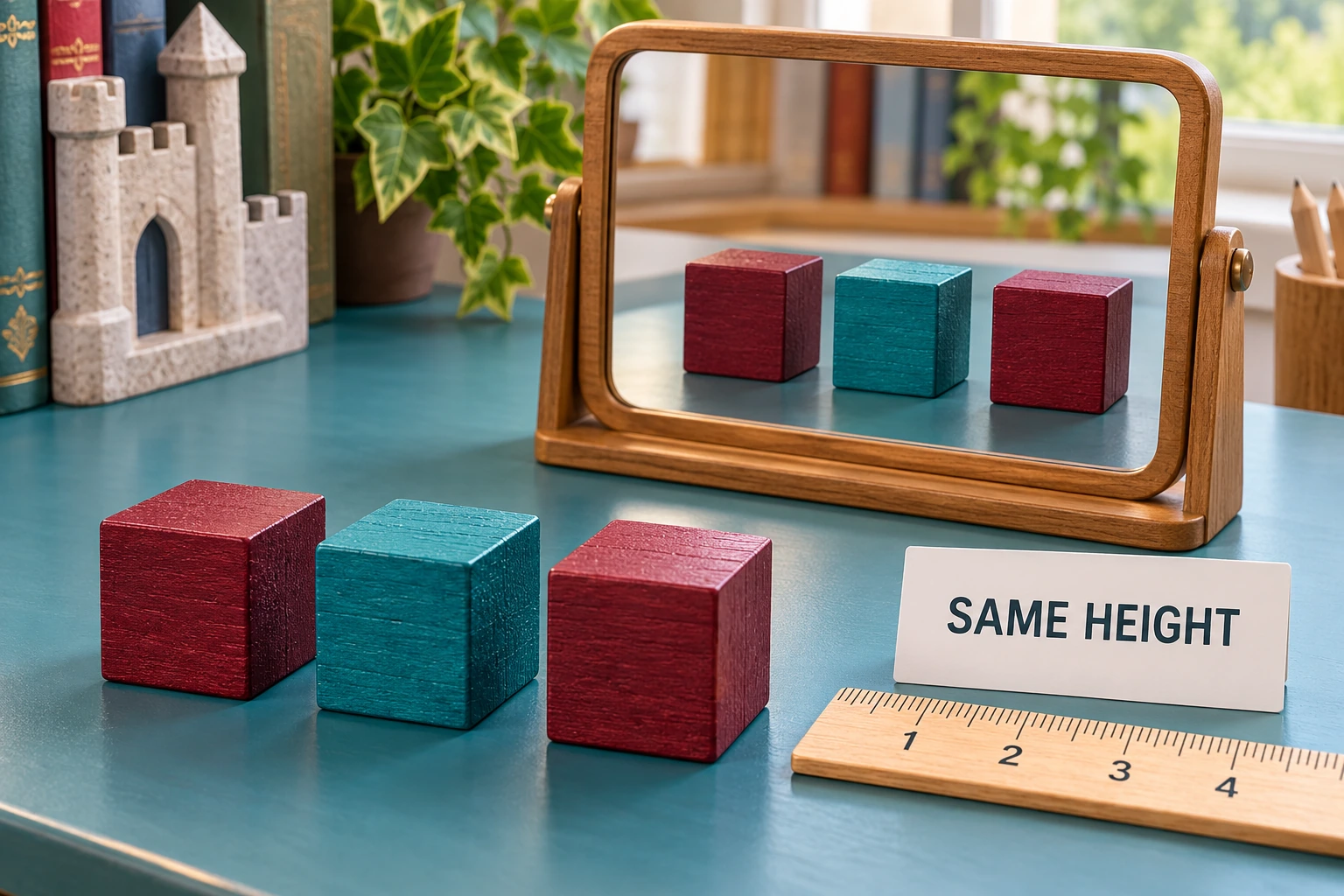 Original tactile play scene for castle mirror puzzle Burgundy and teal blocks stand before a mirror beside a SAME HEIGHT card and a numbered ruler.