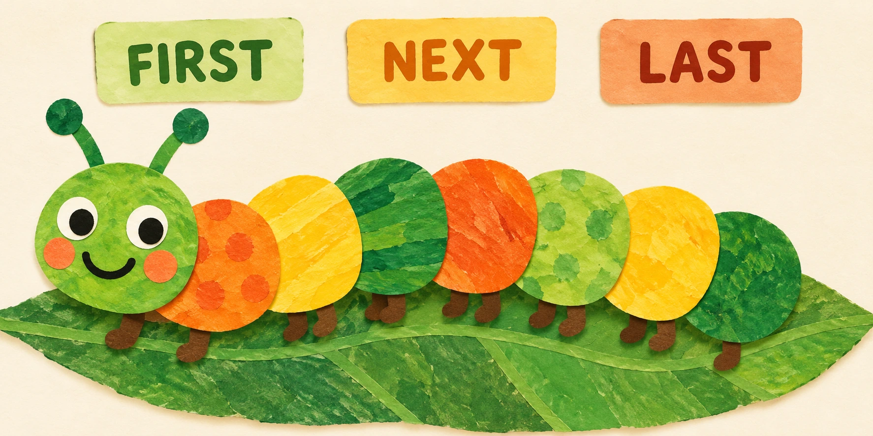 A color story can move from one section to another Paper caterpillar on a leaf under FIRST NEXT and LAST cards