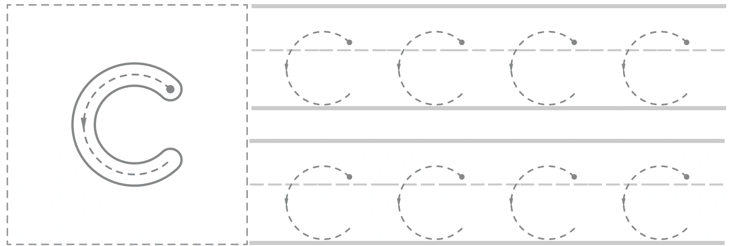 Lowercase c model beside two rows of dotted c tracing on the cat page