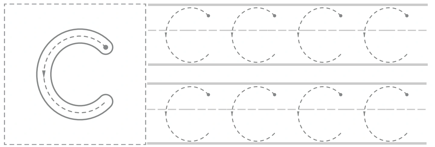 Cc uppercase panel with a large C guide and eight smaller capital tracing forms