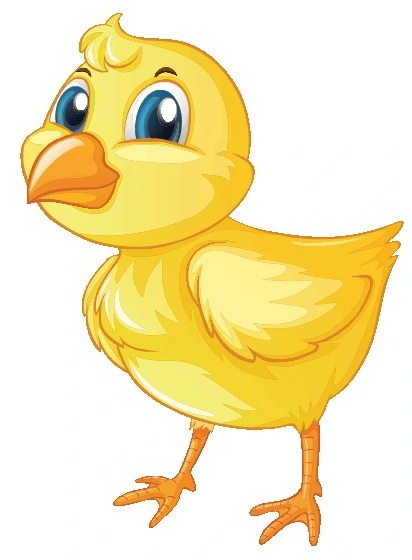 Small finished chick reference with yellow feathers, an orange beak and legs, and blue eye details
