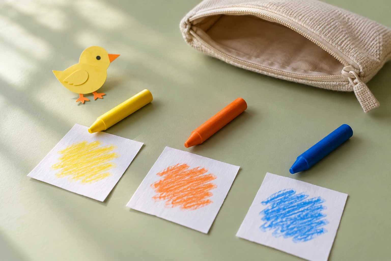 Yellow, orange and blue crayons beside matching scrap-paper swatches and a small yellow paper chick