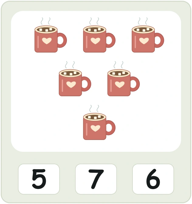 Six cocoa mug pictures arranged three above two above one over choices 5, 7 and 6