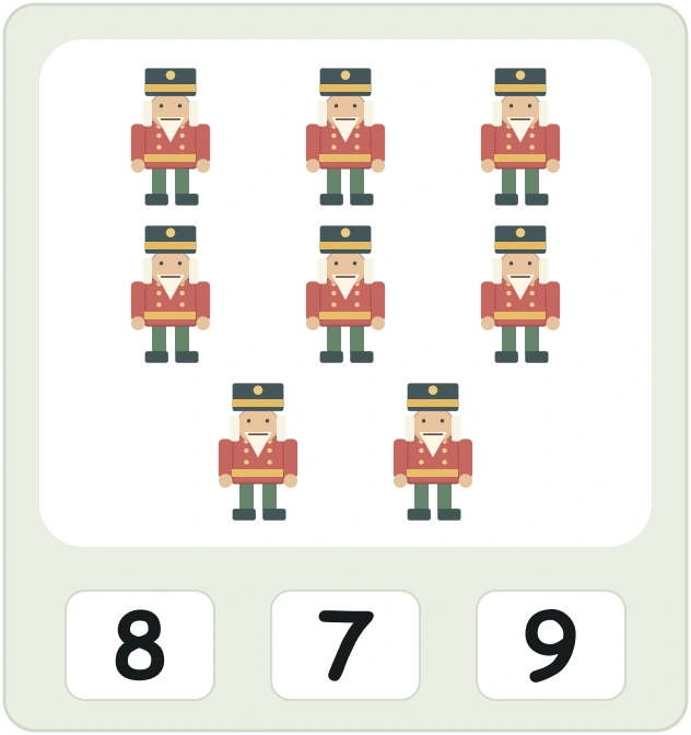 Eight nutcrackers in rows of three, three and two with choices 8, 7 and 9