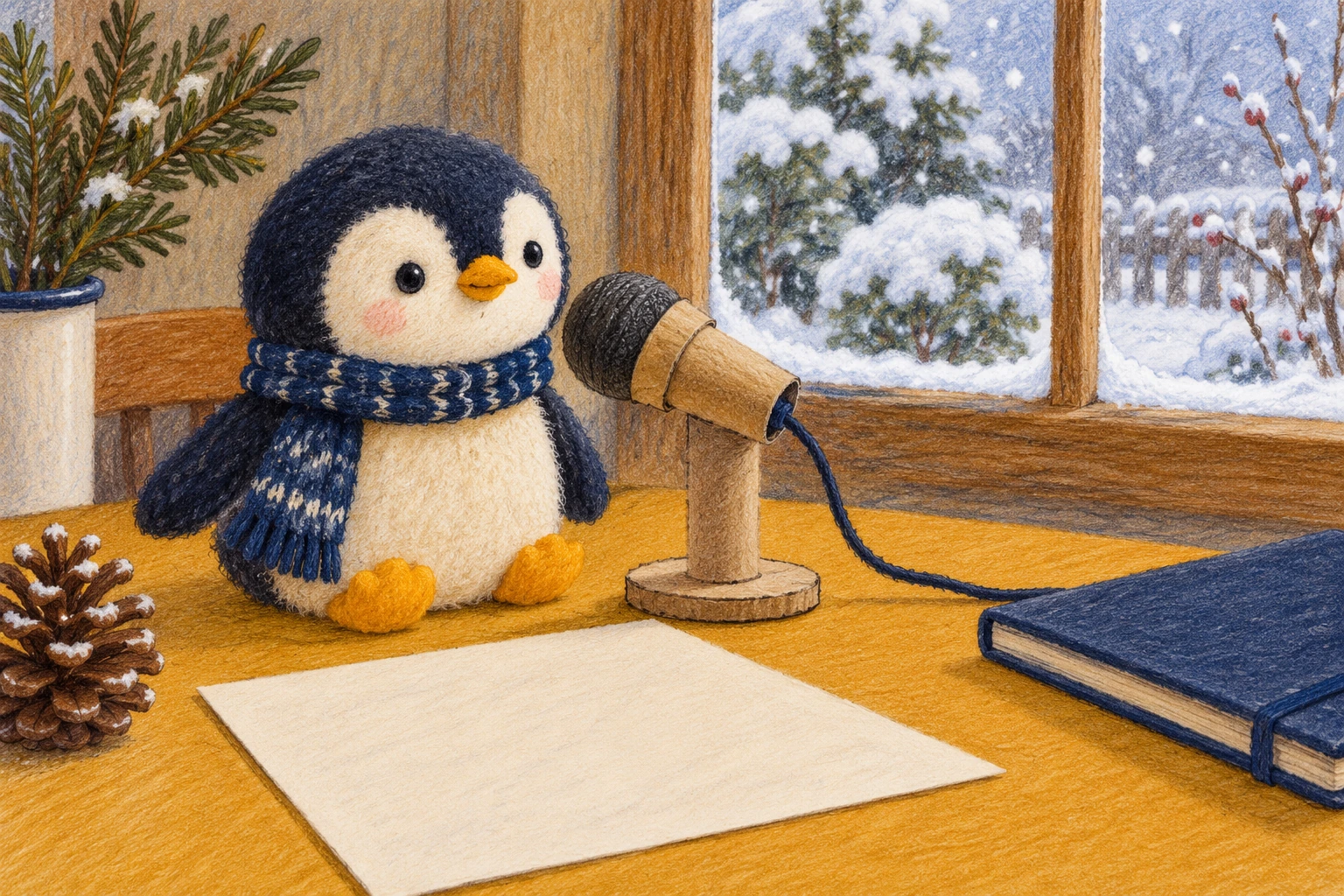 Toy penguin beside a cardboard microphone, blank report card, pinecone and blue notebook at a snowy window