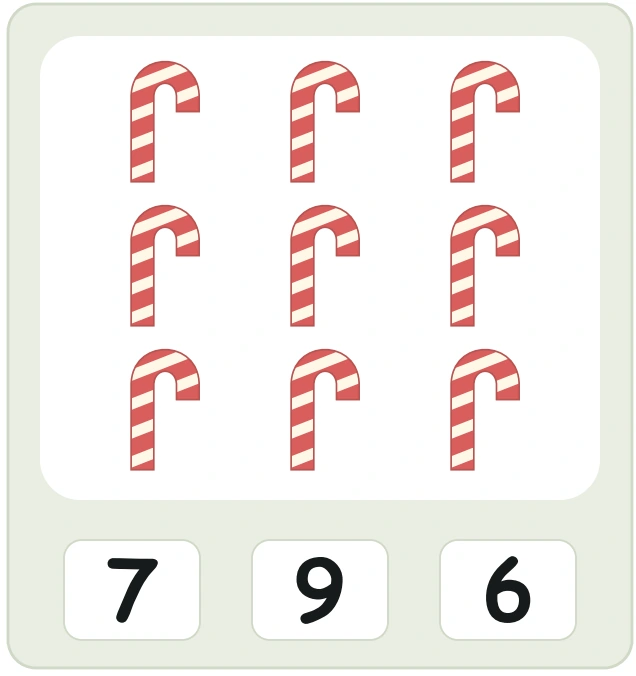 Count the complete canes rather than their repeated stripes Nine red-and-white candy canes in three rows of three above choices 7, 9 and 6