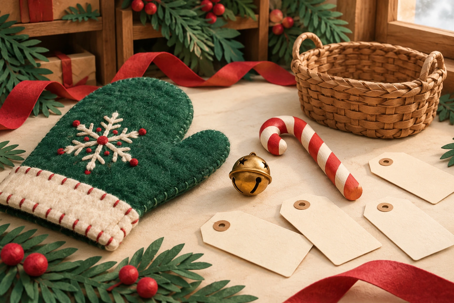 Holiday label props invite names for individual objects Single felt mitten beside a gold bell, striped wooden candy cane, empty basket and blank parcel tags