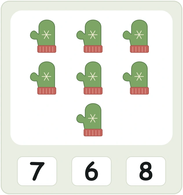 Each mitten is one object in the seven-picture collection Seven green mitten drawings in a three-three-one arrangement with choices 7, 6 and 8