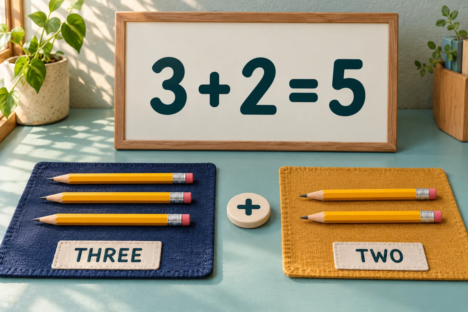 A five-pencil display rehearses a classroom quantity report Three wooden pencils on one mat and two on another beside 3 + 2 = 5
