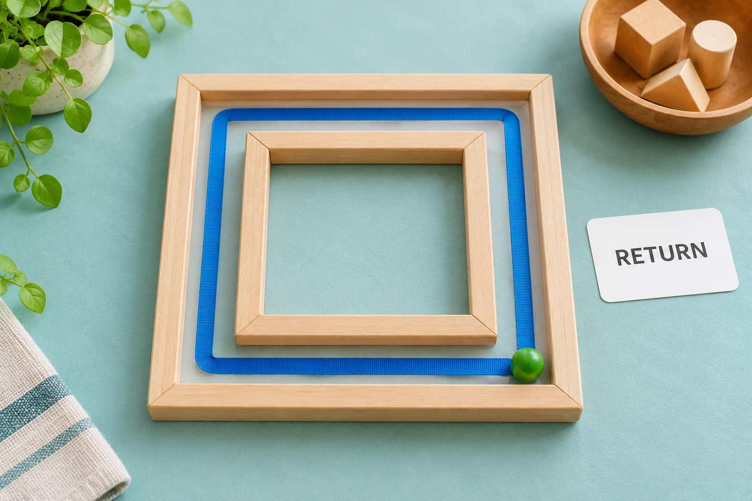 A tactile square journey comes back to its start Completed blue ribbon square route between wooden rails beside a RETURN card and green bead