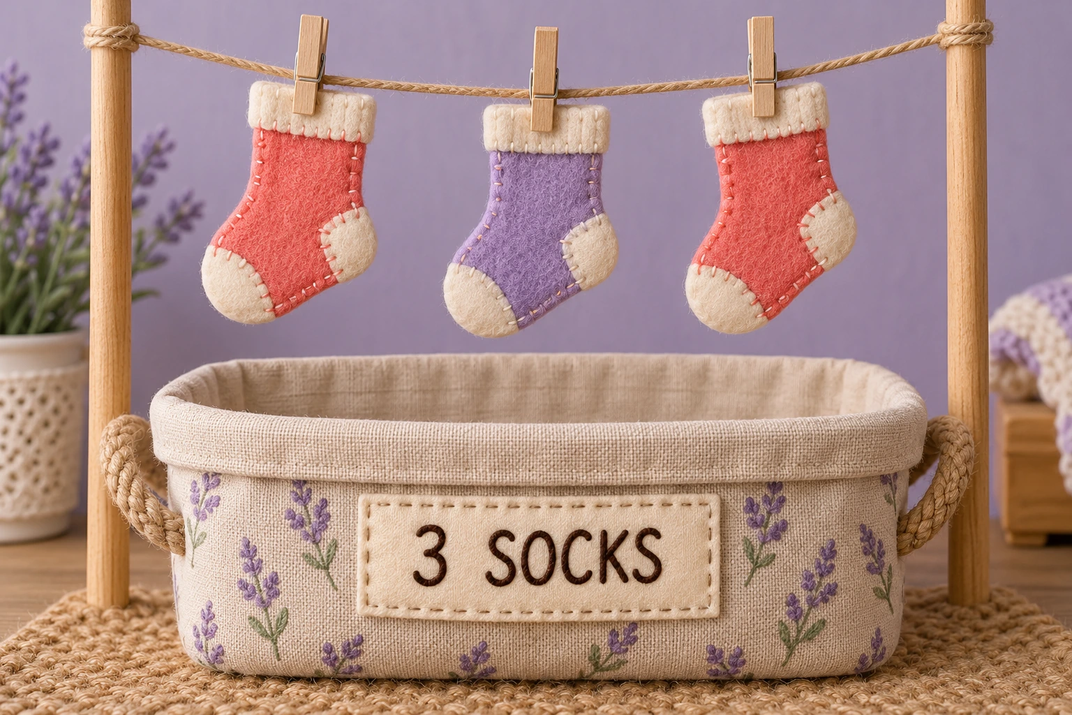 An odd sock total makes individual counting visible Three felt socks hanging separately above a basket labeled 3 SOCKS