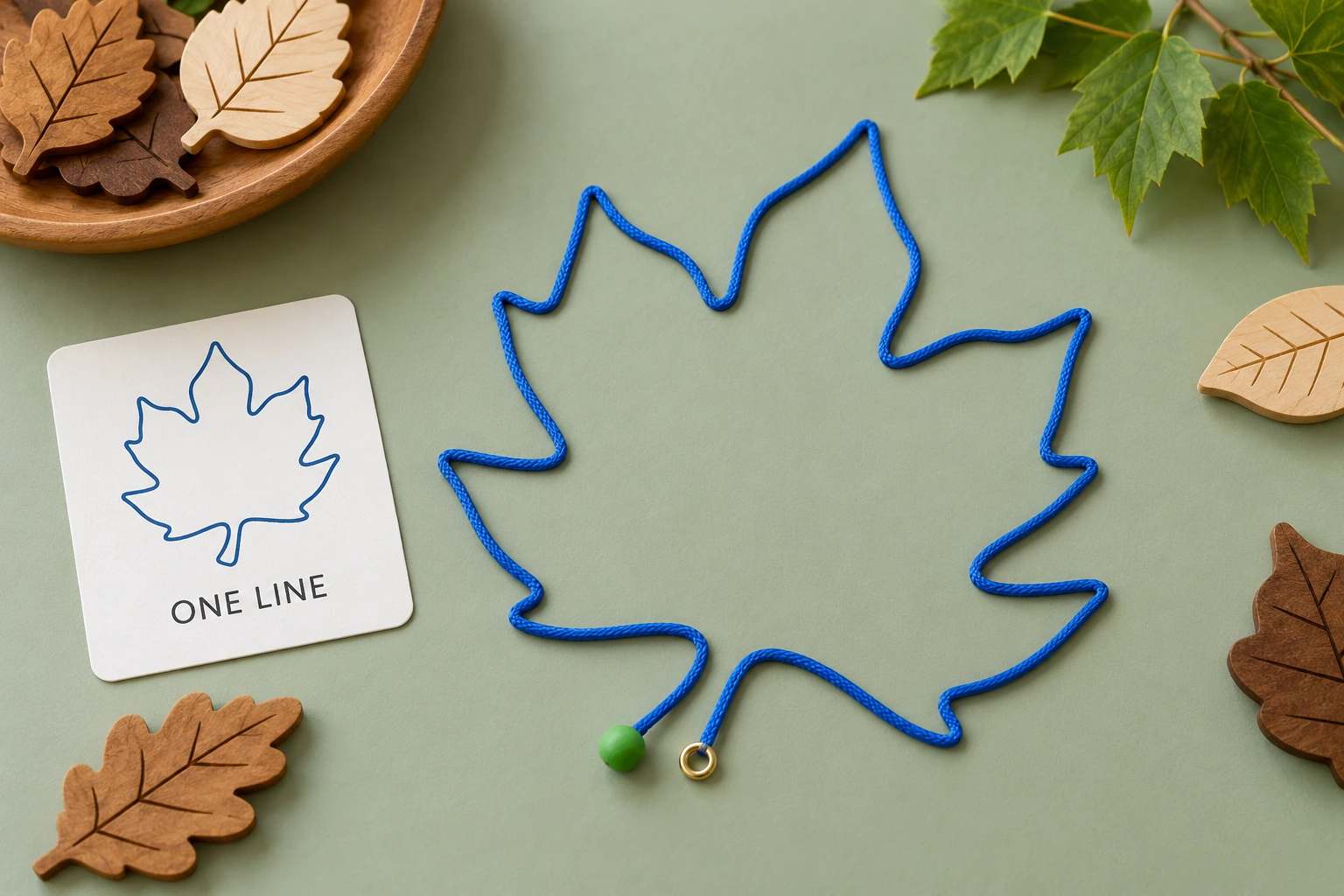 Single blue cord forming a completed leaf route from a green bead to a gold ring beside ONE LINE text