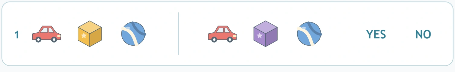 The first toy pair changes a block from yellow to purple while preserving object order.