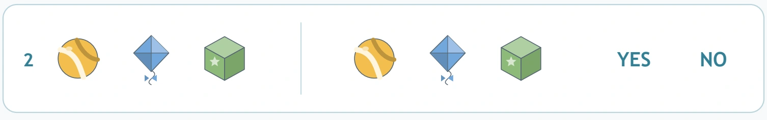 Row two repeats the same ball, kite and block group on both sides.