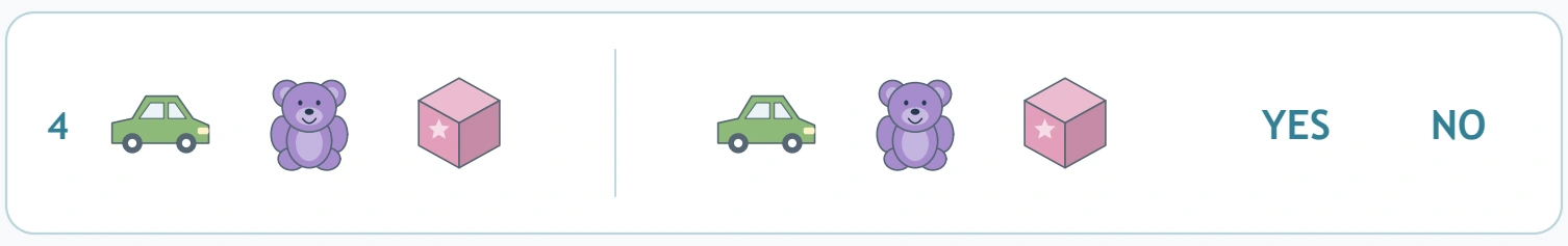 Row four shows corresponding car, teddy and block pictures with YES and NO choices.