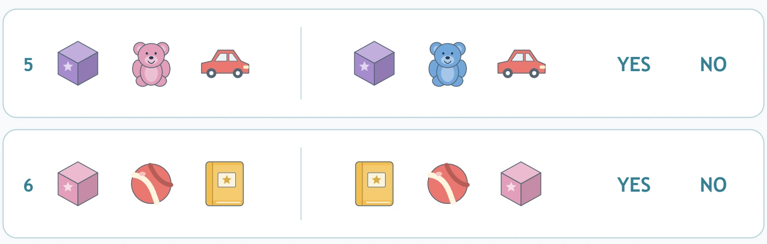 The last rows compare bear colours and an exchange of the outer toy positions.