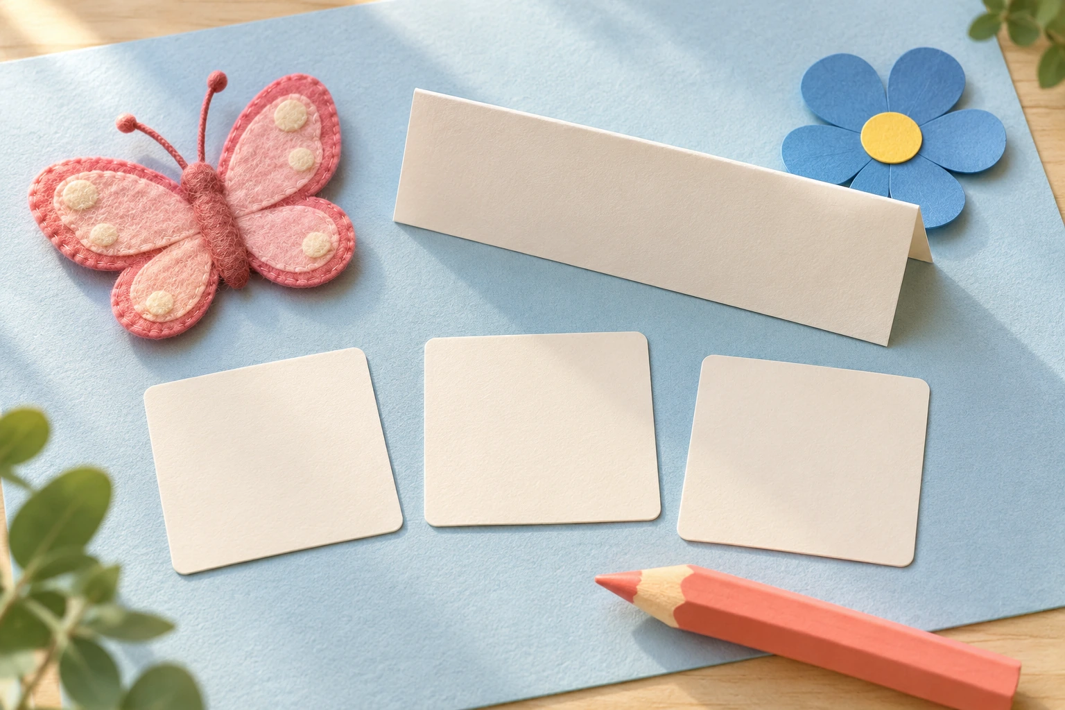 Pink felt butterfly and blue paper flower beside three blank cards, folded cover strip and coral pencil