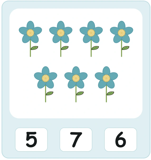 Seven blue flower pictures above the choices 5, 7 and 6