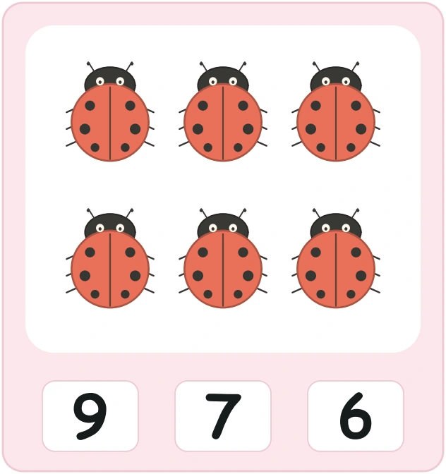 Six ladybirds arranged three above three over the choices 9, 7 and 6