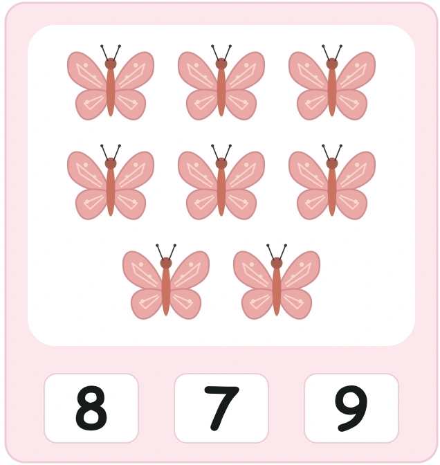 Eight pink butterflies in rows of three, three and two with options 8, 7 and 9