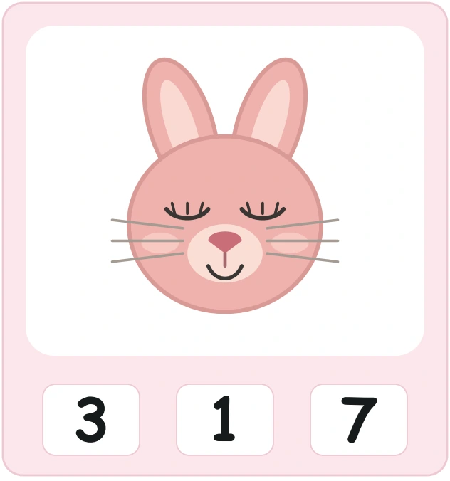 One pink rabbit face above the printed choices 3, 1 and 7
