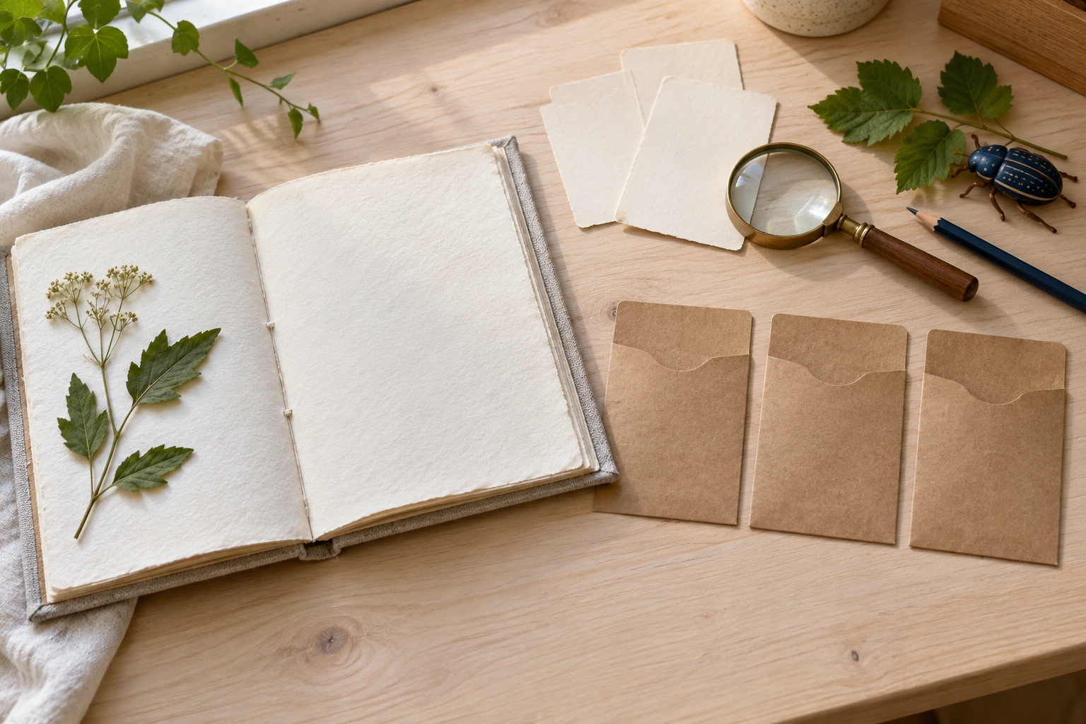 Open linen explorer notebook beside three empty kraft pockets, blank cards, magnifier and indigo pencil
