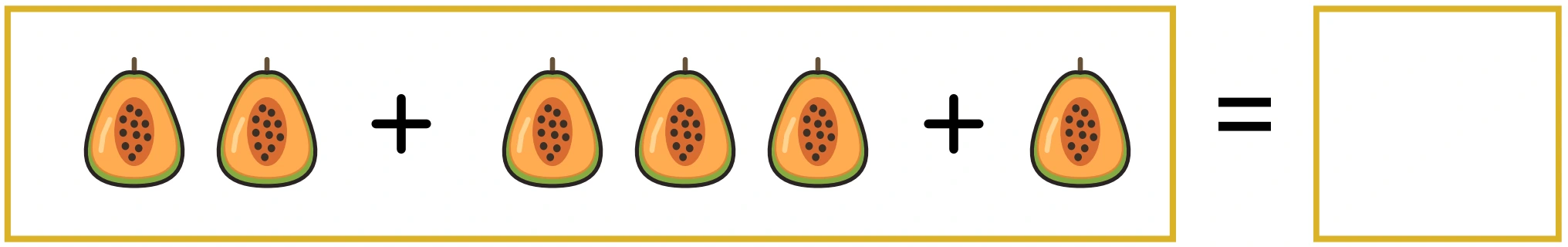 Two papaya drawings plus three papaya drawings plus one final drawing, followed by an empty total square