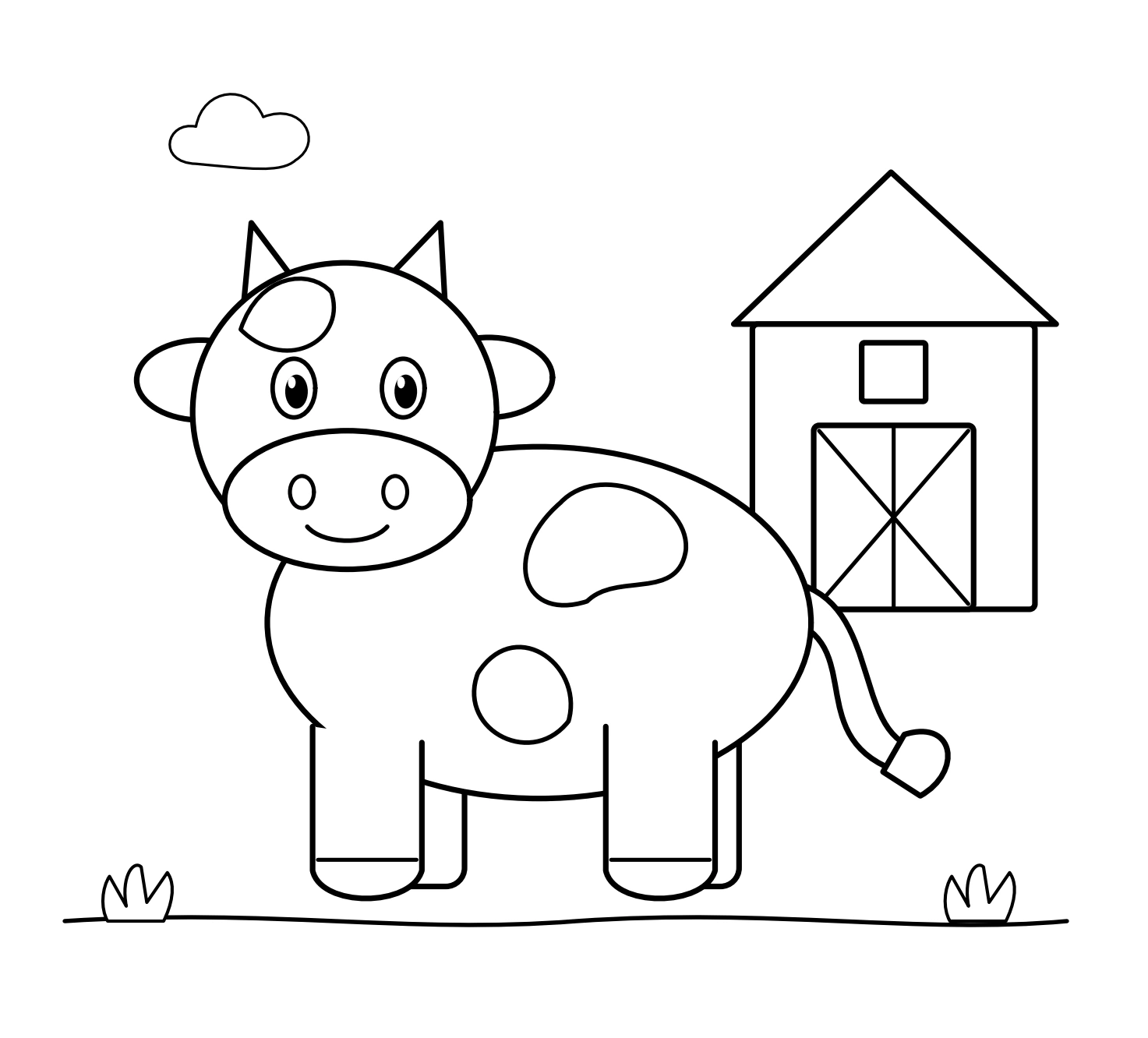 Patch-covered cow standing in front of a simple barn
