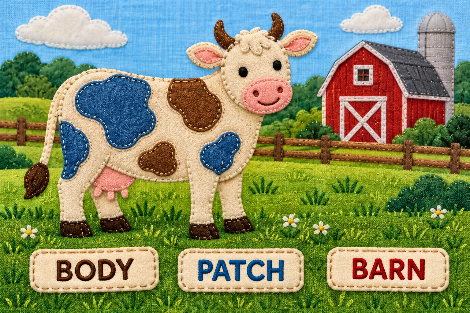 Fabric cow with contrasting patches and a red barn behind