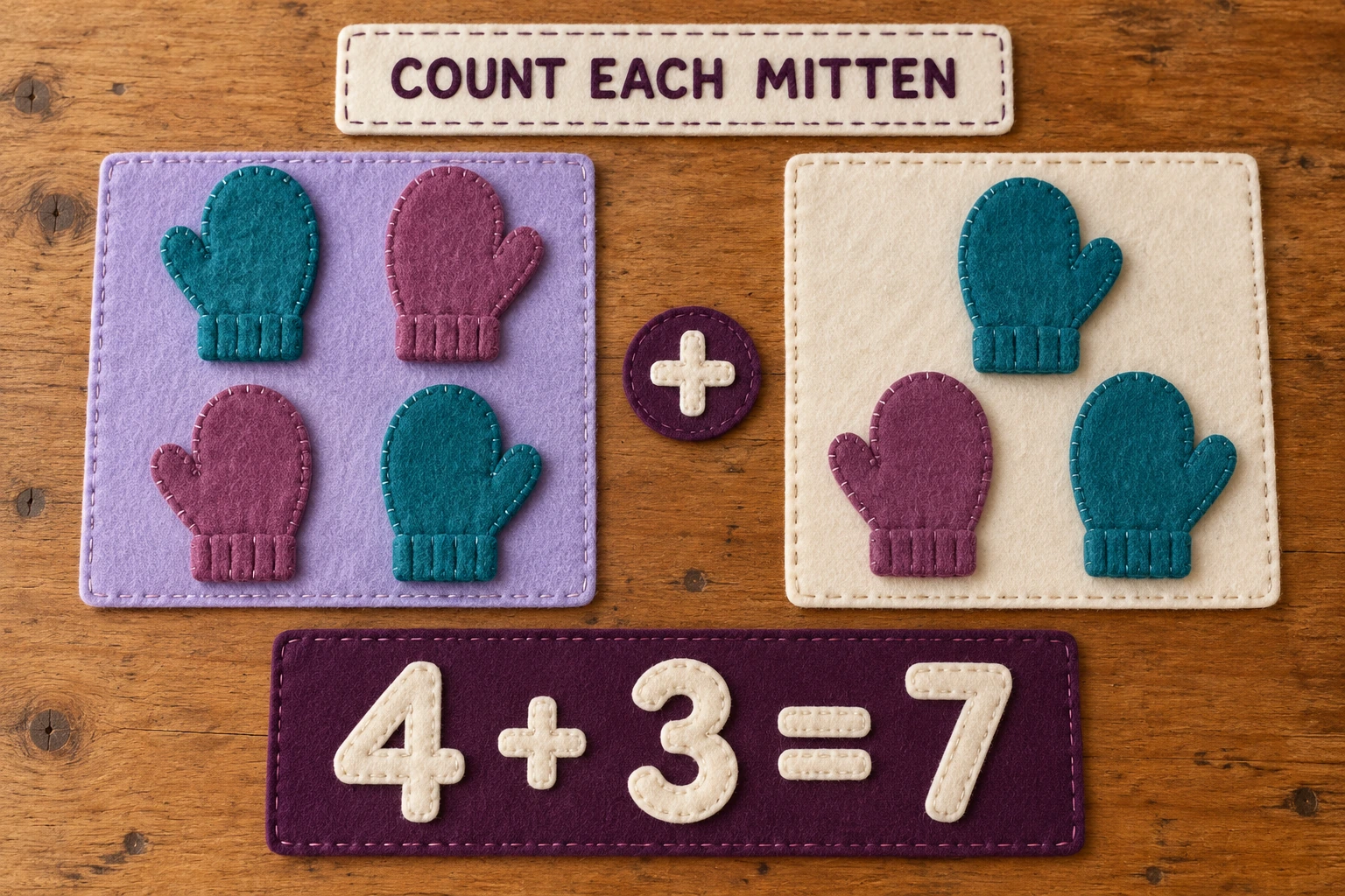 A seven-mitten display gives odd totals a clear meaning Four felt mittens and three felt mittens beside COUNT EACH MITTEN and 4 + 3 = 7
