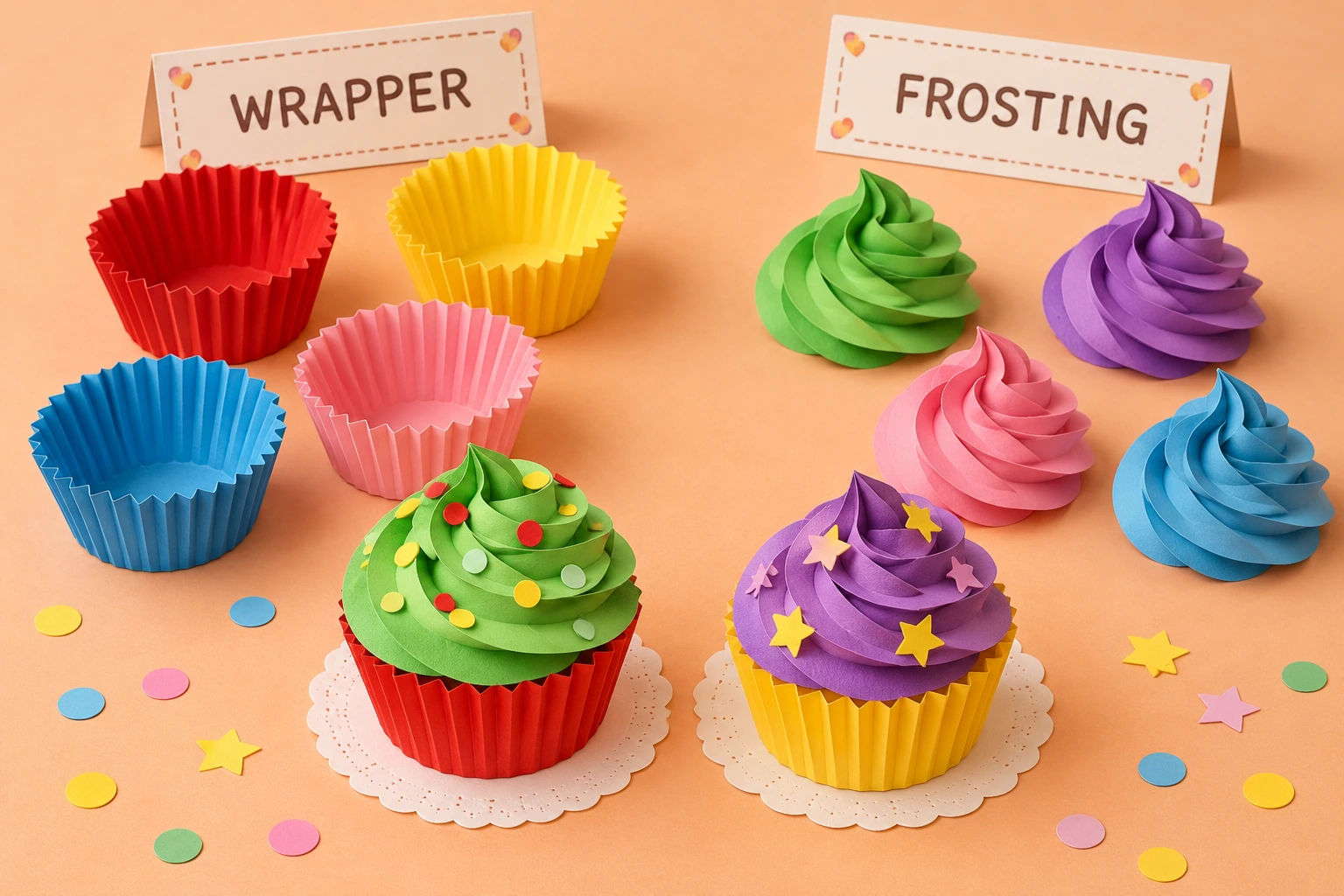 WRAPPER and FROSTING signs accompany coloured cupcake parts and two assembled pretend cakes.