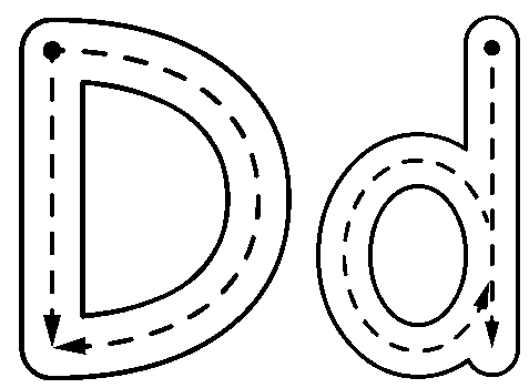 Large capital D with its tall stroke on the left and lowercase d with its tall stroke on the right, including printed tracing arrows