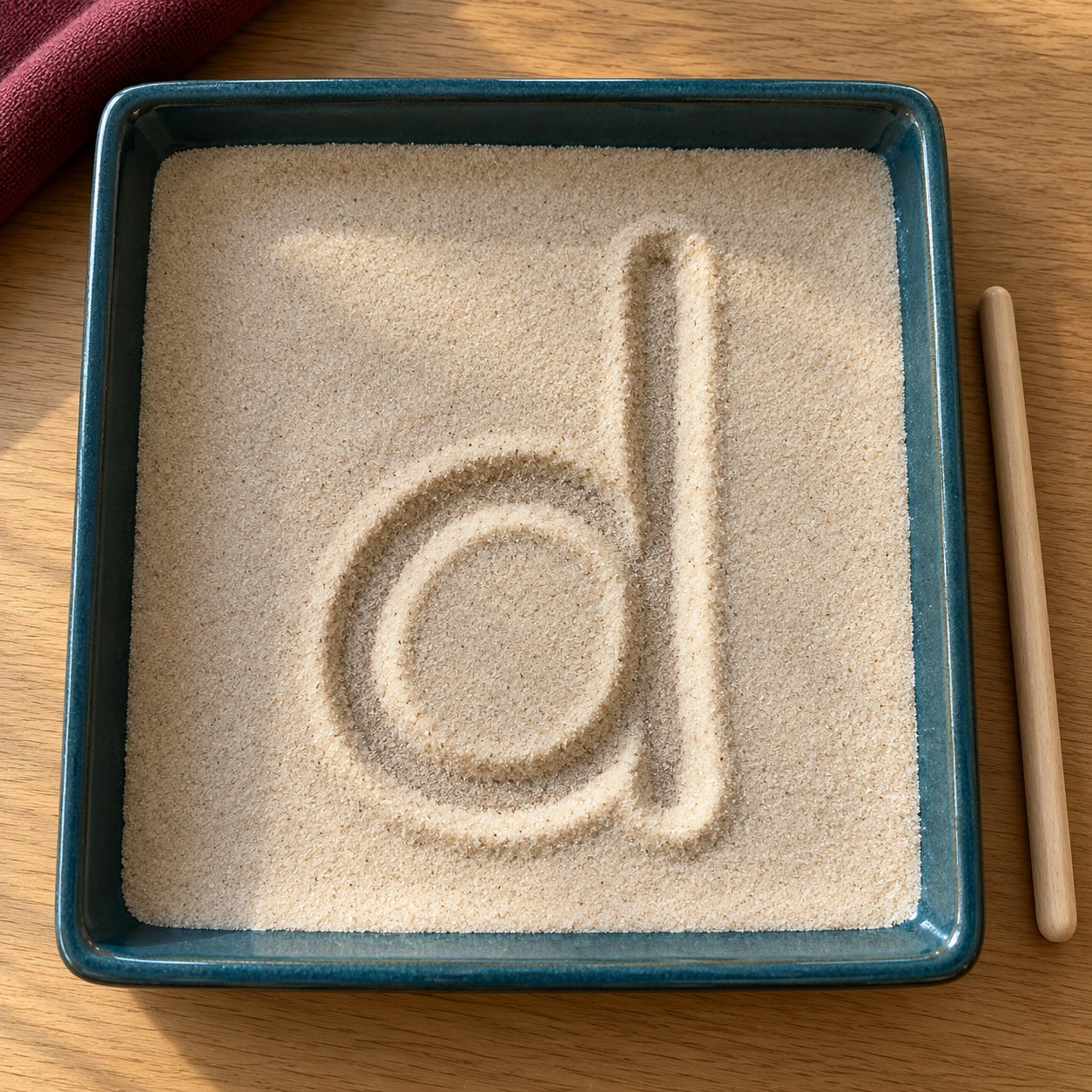 Lowercase d drawn in pale sand inside a teal tray, with the oval on the left and tall stroke on the right