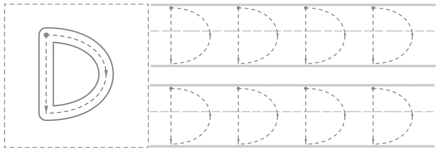 Dd uppercase panel with a large D guide and eight smaller capital tracing forms