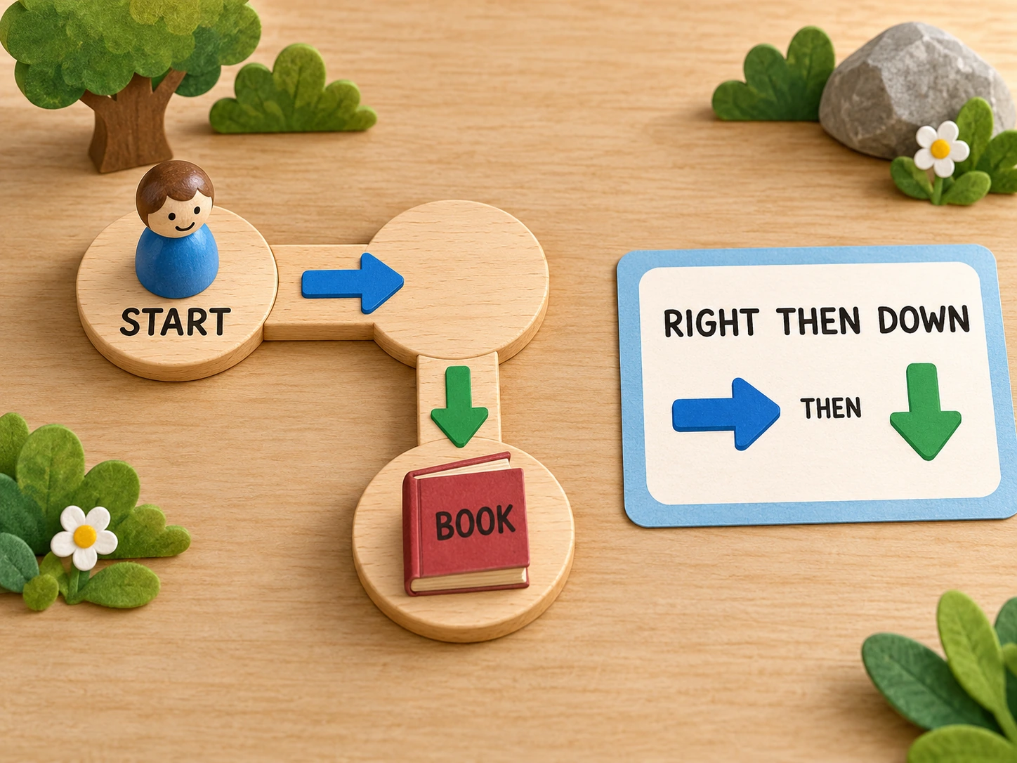 A two-move delivery example ends at a labelled book