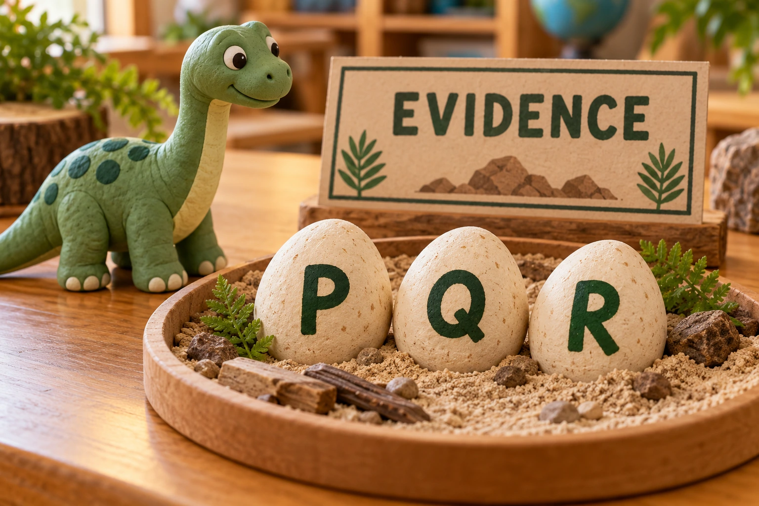Craft eggs labeled P, Q and R beside a clay dinosaur and an EVIDENCE specimen card