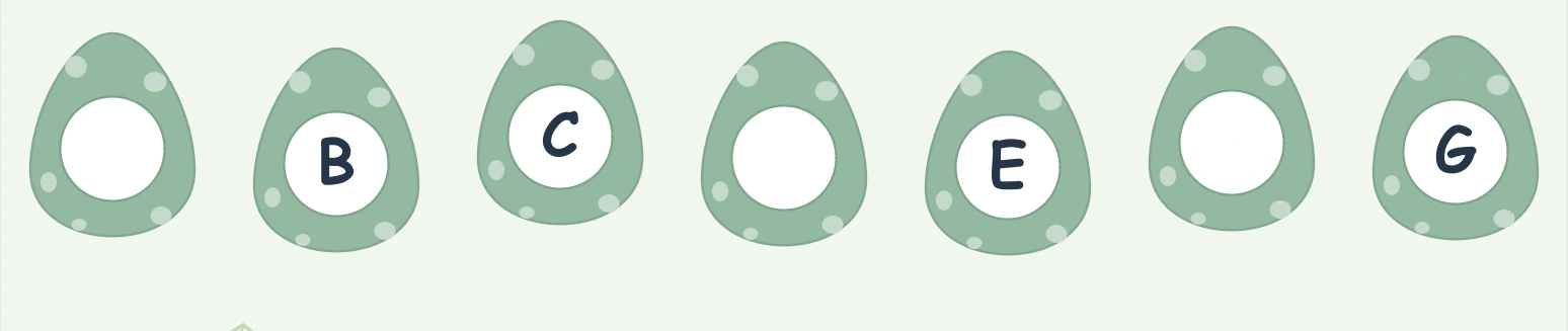 Green dinosaur eggs with B, C, E and G visible after an empty first position