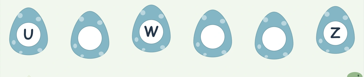 Blue dinosaur eggs with U, W and Z and three unanswered centers