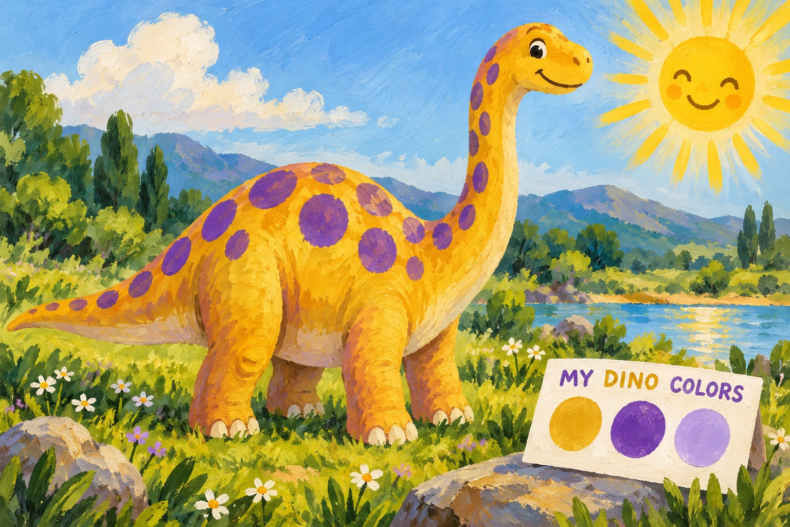 Gold gouache dinosaur with purple spots and a MY DINO COLORS card