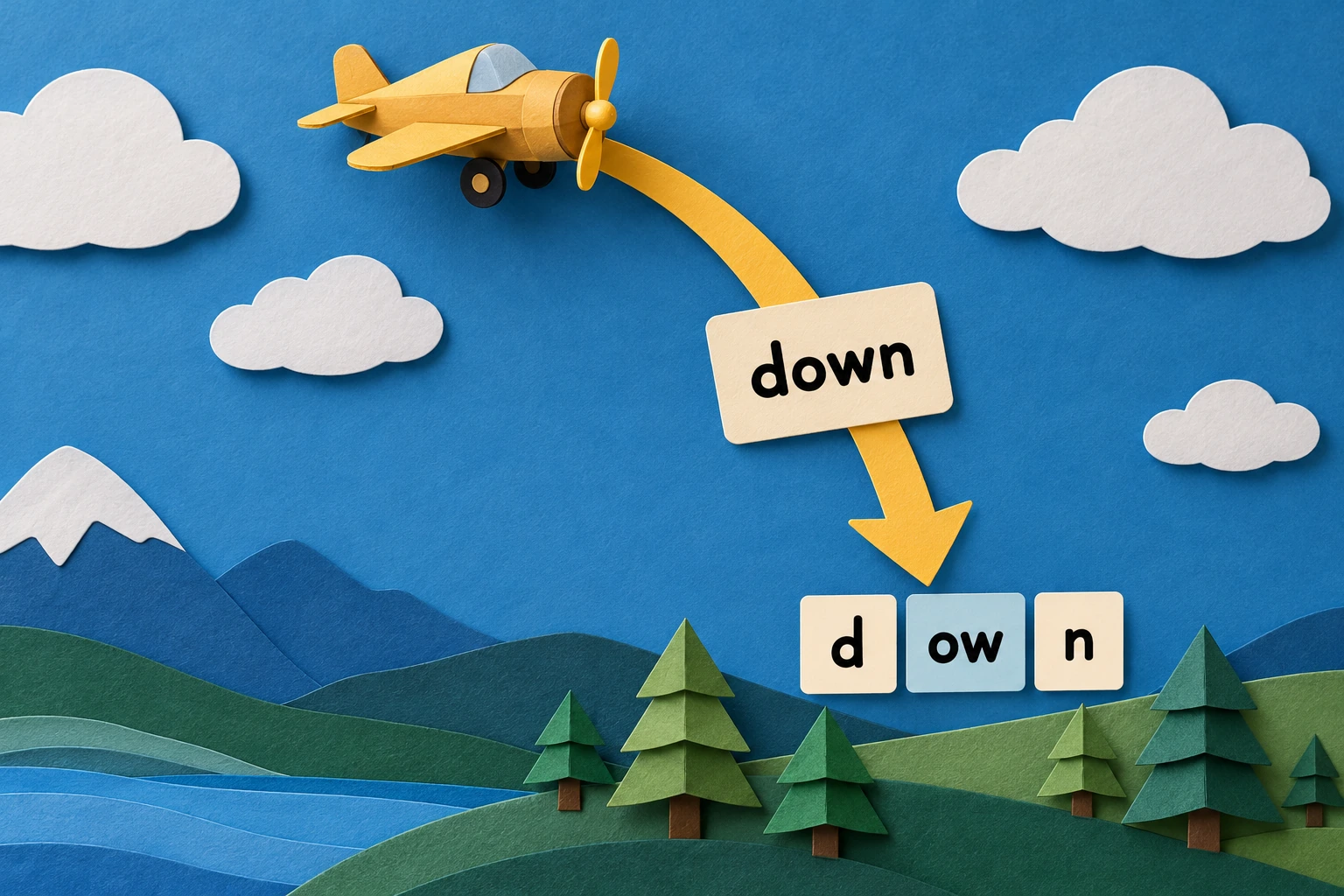 A filled direction display groups the vowel spelling Paper plane above downward arrow beside down card and d ow n tiles