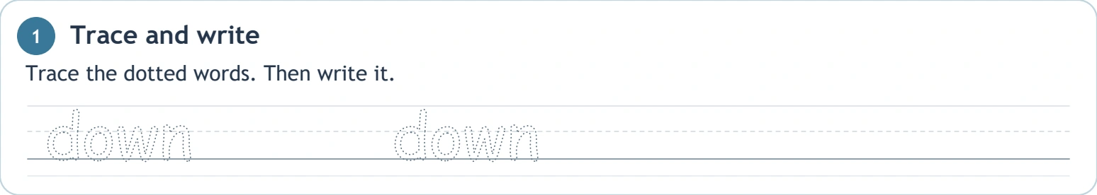 The full d-o-w-n sequence guides a pencil attempt Two dotted down models on the worksheet's writing guides