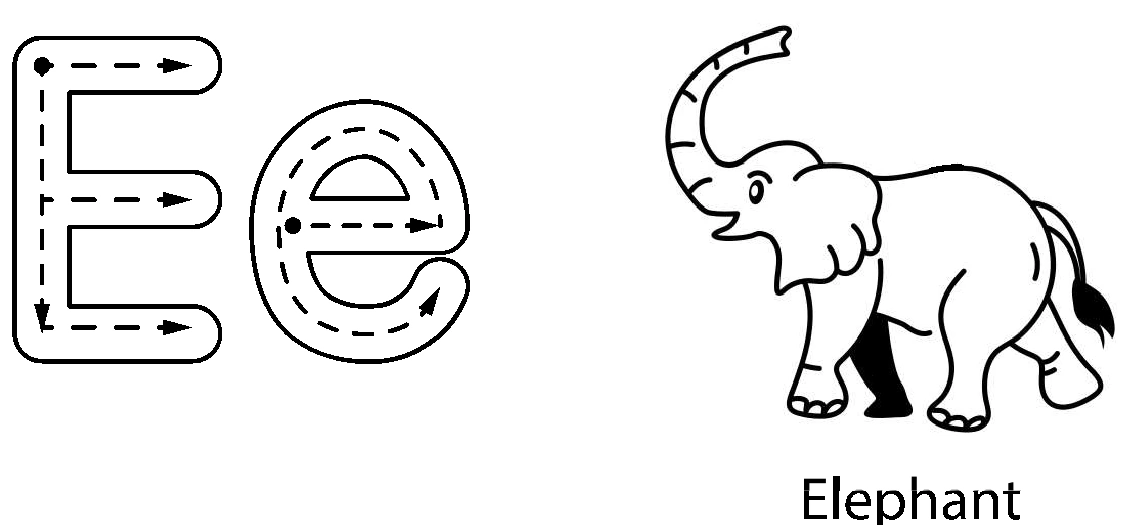 Original E and e arrow models beside the elephant illustration and Elephant label