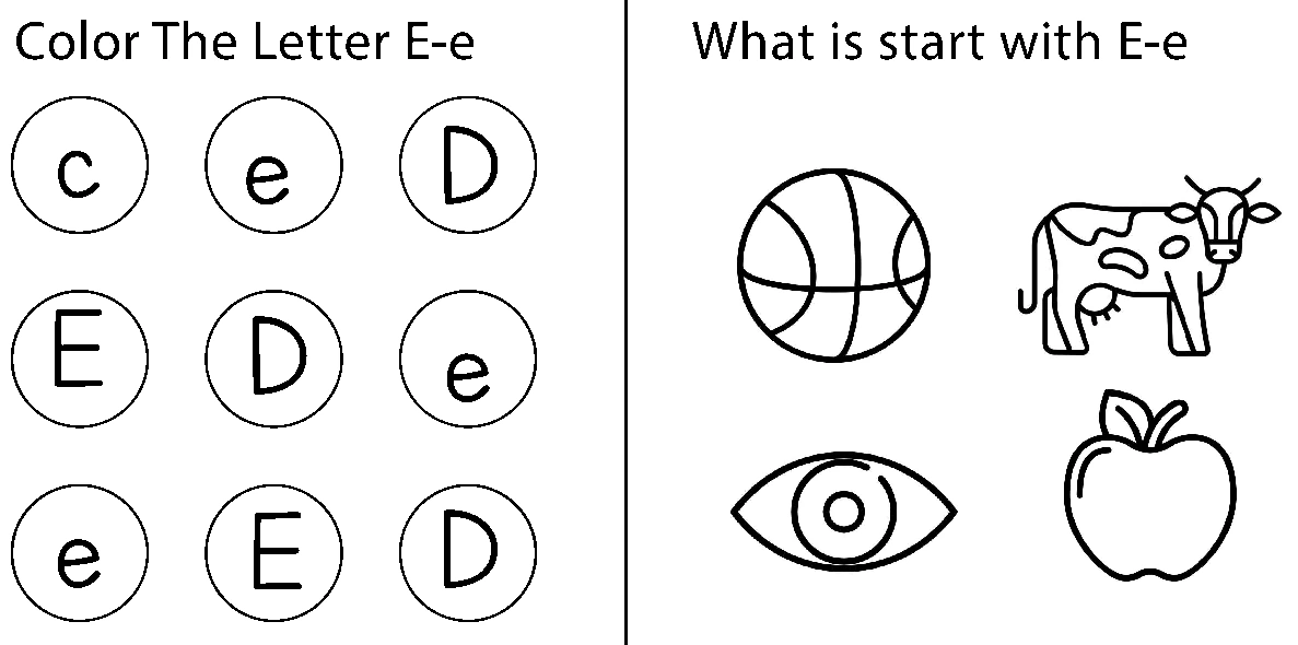 Lower worksheet panels with five E/e letter matches and picture options ball, cow, eye and apple