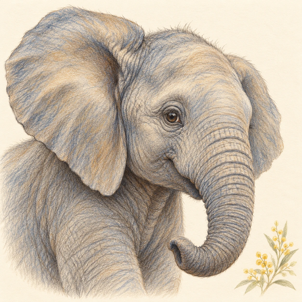 Colored-pencil elephant head portrait with one visible eye, a broad ear and a relaxed trunk on cream paper