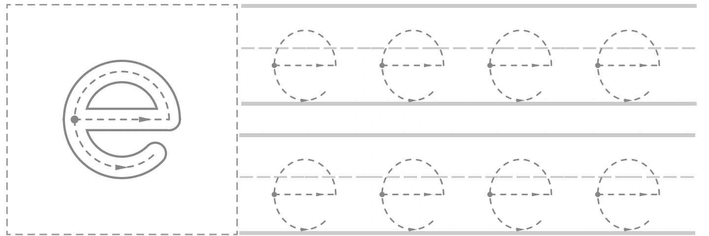 Lowercase e model beside two rows of dotted e tracing on the elephant page